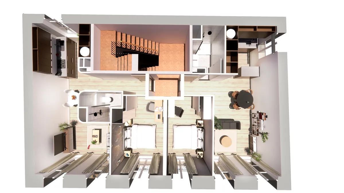 Rendu 3D en plan d'un étage type après travaux