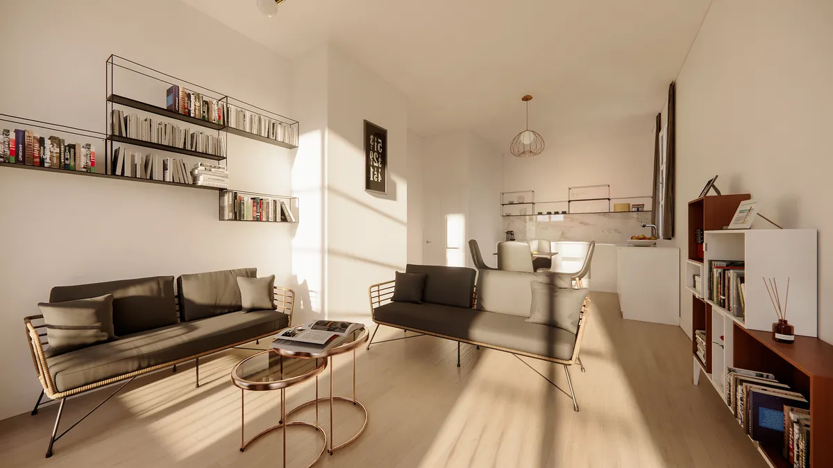 Rendu 3D séjour après travaux, second appartement