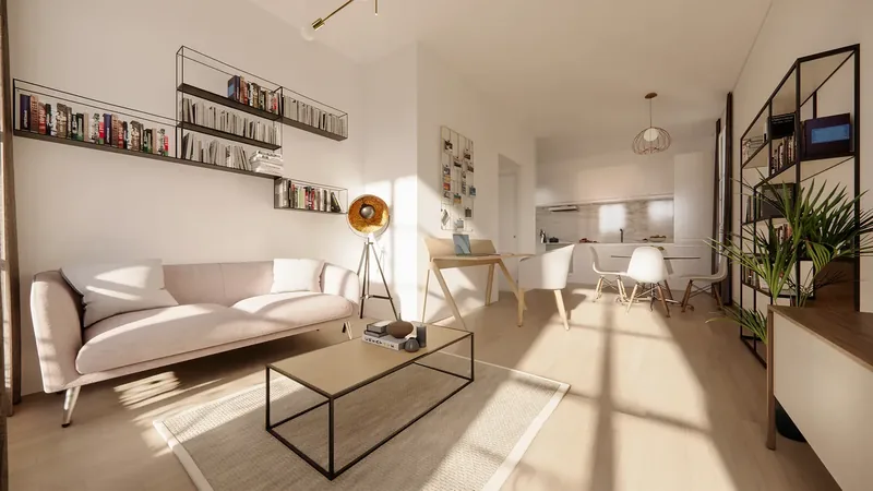Rendu 3D séjour et cuisine ouverte après travaux